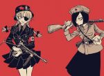  2girls annoyed armband bag belt belt_buckle black_belt black_bow black_hair black_headwear black_jacket black_necktie black_skirt bow braid buckle cigarette coat collar_tabs collared_shirt combat_helmet commentary_request communism cowboy_shot eyepatch freckles fur_hat gloves grey_eyes grey_hair grey_shirt grin gun hair_bow hair_over_one_eye hammer_and_sickle hand_on_own_hip hat hatching_(texture) helmet highres holding holding_gun holding_weapon jacket lapels limited_palette long_hair long_sleeves looking_at_another medium_hair military_jacket military_uniform monochrome mp40 multiple_girls nazi necktie original pleated_skirt ppsh-41 red_armband red_background red_theme reichsadler sam_browne_belt shi_(yotsuhaka) shirt shoulder_boards sigrunen simple_background skirt smile soviet ss_insignia stahlhelm standing submachine_gun swastika trigger_discipline twin_braids uniform waffen-ss weapon white_gloves wolf 