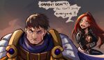  1boy 1girl armor black_jacket black_pants breasts brown_gloves brown_hair cleavage closed_mouth cropped_jacket embers english_text garen_(league_of_legends) gloves gradient_background jacket katarina_(league_of_legends) league_of_legends long_hair long_sleeves medium_breasts open_clothes open_jacket open_mouth pants red_hair scar scar_on_face shinaa_(maddynshinaa) short_hair shoulder_plates speech_bubble teeth 