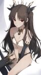  1girl armlet bare_shoulders between_legs bikini black_bikini blurry breasts brown_hair cleavage collar detached_sleeves fate/grand_order fate_(series) frown gnns gold_trim hair_ribbon hand_between_legs highres ishtar_(fate) long_hair looking_at_viewer medium_breasts mismatched_bikini navel parted_bangs red_eyes ribbon single_detached_sleeve single_thighhigh sitting solo stomach swimsuit thighhighs thighs two_side_up v-shaped_eyebrows very_long_hair white_bikini 