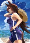  1girl absurdres animal_ears armpits beach blue_one-piece_swimsuit blue_sky blush breasts brown_hair closed_mouth cloud cloudy_sky commentary_request competition_school_swimsuit competition_swimsuit cowboy_shot ear_ornament from_side hair_between_eyes hand_on_own_hip hat highres holding holding_clothes holding_hat horse_ears horse_girl horse_tail long_hair looking_at_viewer medium_breasts multicolored_hair one-piece_swimsuit outdoors partial_commentary rakasei5050 red_eyes sand school_swimsuit sirius_symboli_(umamusume) sky solo straw_hat streaked_hair sun_hat swimsuit tail tracen_swimsuit umamusume very_long_hair water white_hair 