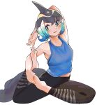  absurdres alternate_costume barefoot black_hair black_pants blonde_hair blowhole blue_eyes blue_hair blue_shirt blush cetacean_tail common_dolphin_(kemono_friends) dolphin_girl dorsal_fin fins fish_tail highres kanmoku-san kemono_friends multicolored_hair pants shirt short_hair sleeveless tail tank_top white_hair yoga yoga_pants 