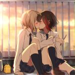  2girls aoba_moca bang_dream! black_hair blonde_hair blush bob_cut closed_eyes collared_shirt full_body holding holding_pencil kiss long_sleeves miniskirt mitake_ran mizukikushou multicolored_hair multiple_girls necktie outdoors pencil plaid plaid_skirt red_hair rooftop school_uniform shirt short_hair sidelocks sitting skirt sky streaked_hair sunset white_shirt yuri 