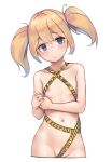  1girl areola_slip bare_arms bare_shoulders blonde_hair breasts caution_tape closed_mouth collarbone contrapposto cowboy_shot cropped_legs furrowed_brow grey_eyes hair_between_eyes hand_on_own_arm hands_up head_tilt keep_out light_blush looking_at_viewer monomono naked_ribbon navel nipple_slip nipples original ribbon short_hair simple_background small_breasts solo twintails white_background 