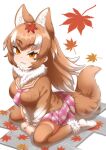  1girl :3 animal_ears autumn_leaves blush breasts brown_hair empty_eyes ev_(kemomimizuku) extra_ears fang fur_collar highres japanese_wolf_(kemono_friends) kemono_friends kemono_friends_3 large_breasts leaf leaf_on_head long_hair long_sleeves looking_at_viewer maple_leaf multicolored_hair neckerchief plaid_neckerchief shirt sitting skirt solo tail two-tone_hair wariza white_hair wolf_ears wolf_girl wolf_tail 