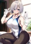  1girl alternate_costume black_pantyhose blue_eyes breasts cellphone closed_mouth commentary_request competition_swimsuit covered_navel gloves grey_hair hair_between_eyes hair_ornament hairclip hamakaze_(kancolle) hands_up highleg highleg_swimsuit highres holding holding_phone indoors kantai_collection kyogoku_shin large_breasts looking_at_phone one-piece_swimsuit pantyhose phone red_one-piece_swimsuit selfie short_hair sitting solo swimsuit thighs two-tone_swimsuit v variant_set white_gloves white_one-piece_swimsuit 