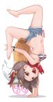  1girl :d absurdres animal_ear_fluff animal_ears barefoot batazungharn bikini bikini_under_clothes blue_archive blue_bikini blue_shorts breasts brown_hair commentary denim denim_shorts extra_ears fang flower fox_ears fox_girl fox_tail full_body hair_flower hair_ornament halo handstand highleg highleg_bikini highres izuna_(blue_archive) izuna_(swimsuit)_(blue_archive) micro_shorts navel official_alternate_costume one_arm_handstand open_fly open_mouth pink_halo psd_available red_scarf scarf short_hair shorts simple_background small_breasts smile solo striped striped_bikini swimsuit tail toes transparent_background upside-down yellow_eyes 