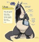  2022 anthro ashe_(shyguy9) biped cloud countershading digital_media_(artwork) digitigrade dragon earbuds eye_bags female fin fitbit frown grey_body grey_hair hair headphones hi_res horn horn_jewelry horn_ring iconography jewelry long_hair long_neck messenger_bag ring_(jewelry) scalie semi-anthro shyguy9 solo tail tan_body tan_countershading thick_tail thought_bubble undercut wide_hips 