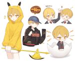  &gt;_&lt; 1boy 1girl black_hoodie blonde_hair blush commentary cracking_egg don_quixote_(limbus_company) eggshell hamhampangpang highres hood hood_down hood_up hoodie library_of_ruina limbus_company lobotomy_corporation love_mintchoco merchandise meta multiple_views open_mouth pout project_moon short_hair shorts simple_background sinclair_(limbus_company) smile symbol-only_commentary tears white_background white_shorts yellow_eyes yellow_hoodie 