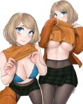  1girl absurdres ashley_graham black_pantyhose blue_bra blue_eyes bra breasts coat dismaiden green_skirt highres large_breasts light_brown_hair multiple_views orange_coat orange_sweater pantyhose resident_evil resident_evil_4 resident_evil_4_(remake) short_hair skirt sleeveless sleeveless_turtleneck solo sweater turtleneck turtleneck_sweater underboob underwear 