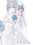  1girl :o absurdres alternate_costume animal_ear_fluff animal_ears blue_archive blue_flower blue_rose blush bouquet breasts bridal_veil bride cleavage dress flower grey_hair halo highres holding holding_bouquet long_dress looking_at_viewer medium_breasts mismatched_pupils raki_kr rose shiroko_(blue_archive) simple_background solo strapless strapless_dress veil wedding_dress white_background white_dress wolf_ears zoom_layer 