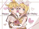 1boy 1girl bare_shoulders belt black_shorts blonde_hair blue_eyes blueberry blush brother_and_sister cake candy chocolate closed_mouth english_text fingernails food fruit hair_between_eyes hair_ornament hair_ribbon hairband hairclip hand_up happy_birthday headphones heart heart-shaped_cake heart-shaped_chocolate heart_background highres holding holding_plate kagamine_len kagamine_rin leaf long_fingernails long_sleeves looking_at_viewer microphone multicolored_hair nail_polish neckerchief number_tattoo open_mouth pink_hair plate polka_dot puffy_short_sleeves puffy_sleeves ribbon sailor_collar shirt short_hair short_sleeves shorts siblings sleeveless sleeveless_shirt smile standing strawberry syokorashimegi tattoo twins two-tone_hair vocaloid white_background white_hairband white_ribbon white_shirt wide_sleeves yellow_belt yellow_nails yellow_neckerchief 