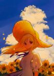  1girl blonde_hair blue_ribbon brown_eyes cloud collared_dress cumulonimbus_cloud dress field flower flower_field hat highres long_hair melty_(corolla) original petals puffy_short_sleeves puffy_sleeves ribbon short_sleeves solo straw_hat summer sun_hat sundress sunflower sunflower_petals white_dress wind 