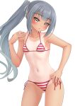 1girl absurdres alternate_costume bikini breasts brown_eyes grey_hair highres kantai_collection kasumi_(kancolle) long_hair looking_at_viewer makura_(y_makura) navel one-piece_tan red_bikini side-tie_bikini_bottom side_ponytail simple_background small_breasts solo striped striped_bikini swimsuit tan tanlines variant_set white_background 