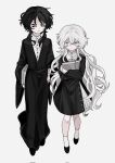  1boy 1girl black_dress black_footwear black_hair black_sclera book charlotte_wiltshire cloak colored_sclera dress formal frei_(hello_charlotte) full_body grey_eyes hello_charlotte highres holding holding_book long_hair long_sleeves looking_at_another sesam344 shirt short_hair_with_long_locks socks wavy_hair white_cloak white_eyes white_hair white_shirt white_socks 