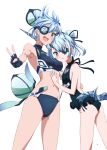  2girls :d asymmetrical_horns backless_swimsuit bangs bikini blue_bikini blue_eyes blue_gloves blue_hair blue_one-piece_swimsuit breasts eyepatch fingerless_gloves frilled_one-piece_swimsuit frills gloves hair_bun horns kageyasu looking_at_viewer multiple_girls navel one-piece_swimsuit open_mouth praxis_(xenoblade) siblings simple_background single_hair_bun sisters smile stomach swimsuit theory_(xenoblade) v white_background xenoblade_chronicles_(series) xenoblade_chronicles_2 