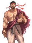  1boy abs amagayu0104 bare_pectorals beard belt black_belt black_hair breath brown_gloves clenched_hand facial_hair fingerless_gloves gloves headband highres large_hands large_pectorals male_focus mature_male muscular muscular_male mustache nipples pants pectorals red_headband ryu_(street_fighter) short_hair solo street_fighter street_fighter_6 sweat very_sweaty white_pants 