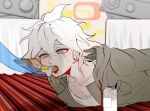  1boy bottle breast_pocket danganronpa_(series) danganronpa_2:_goodbye_despair drawstring drooling eating english_commentary fried_egg fried_egg_on_toast grey_eyes grey_hoodie hair_between_eyes highres hood hoodie indoors komaeda_nagito looking_at_food lying male_focus messy_hair milk_bottle on_stomach pocket seumol_sx shirt short_hair sweat teeth tongue tongue_out upper_teeth_only white_hair white_shirt 