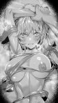  1boy 1girl absurdres ahoge armpits blonde_hair blush breasts fate/grand_order fate_(series) fujimaru_ritsuka_(male) greyscale highres holding_another&#039;s_wrist hxd jeanne_d&#039;arc_alter_(fate) large_breasts looking_at_viewer monochrome naked_ribbon navel nipples nude ribbon short_hair sweat tears 