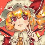 1girl :i aojirozame1228 blonde_hair blush closed_mouth crystal drill_hair flandre_scarlet frilled_shirt_collar frills hand_up hat highres long_sleeves looking_at_viewer mob_cap nostrils one_side_up portrait puffy_long_sleeves puffy_sleeves red_background red_eyes short_hair simple_background solo star_(symbol) touhou upper_body v wings 