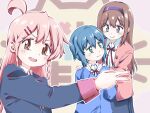  3girls :3 :d ahoge blue_hair blue_jacket braid brown_eyes brown_hair commentary_request dot_nose fujimi_nemu fushimi_nodoka green_eyes hair_between_eyes hair_flaps hair_ornament hairband hairclip hands_on_another&#039;s_shoulders hands_on_own_chest jacket long_hair long_sleeves looking_at_another looking_at_viewer multiple_girls neck_ribbon onii-chan_wa_oshimai! open_clothes open_jacket open_mouth outline oyama_mahiro pink_hair pink_jacket red_ribbon ribbon sakura_planet school_uniform shirt short_hair smile twin_braids v white_outline white_shirt wing_collar 