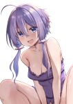  1girl :d absurdres ahoge arms_between_legs bare_shoulders blue_eyes breasts chipa_(arutana) cleavage collarbone dress hair_between_eyes highres long_hair looking_at_viewer medium_breasts off_shoulder open_mouth paid_reward_available purple_dress purple_hair short_hair_with_long_locks sidelocks simple_background sitting smile solo strapless tube_top vocaloid voiceroid white_background yuzuki_yukari 