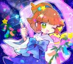  1girl arle_nadja bamboo blue_hakama blurry blurry_foreground brown_hair carbuncle_(puyopuyo) doradorakingyo eyelashes forehead_jewel green_eyes hakama japanese_clothes kimono looking_to_the_side one_eye_closed open_mouth ponytail puyopuyo puyopuyo_quest star_(sky) star_(symbol) star_in_eye star_in_mouth symbol_in_eye tanabata tanzaku twitter_username white_kimono wide_sleeves 