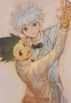  2boys alternate_costume arm_around_waist black_bow black_bowtie black_hair blue_eyes bow bowtie brown_eyes brown_suit from_above gon_freecss highres hunter_x_hunter killua_zoldyck long_sleeves looking_at_viewer male_child multiple_boys short_hair simple_background spiked_hair suit tiorrr1 upper_body white_background white_hair white_suit 