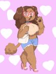  &lt;3 absurd_res anthro bloodybacon bone bottomwear brown_eyes brown_hair brown_pawpads canid canine canis clothed clothing collar domestic_dog female footwear hair heart_glasses hi_res high_heels hotpants mammal open_mouth pawpads pigtails poodle purse shorts solo teeth_showing topless 