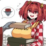  1boy 1girl apron bell book breast_rest breasts carried_breast_rest carrying checkered_clothes checkered_kimono formicid fortune_teller_(touhou) hair_bell hair_ornament holding holding_book japanese_clothes jingle_bell kimono large_breasts motoori_kosuzu red_eyes red_hair short_hair simple_background touhou two_side_up white_background yellow_apron 