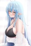  1girl absurdres black_bra blue_hair blush bra breasts cleavage clothes_pull highres hololive indoors large_breasts long_hair looking_at_viewer looking_to_the_side mofu07519 pointy_ears shirt shirt_pull solo straight_hair underwear upper_body very_long_hair virtual_youtuber white_shirt yukihana_lamy 