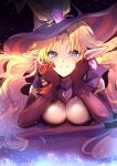  1girl any813 blonde_hair blue_eyes breasts cleavage closed_mouth dress earrings esper_(saga_2) gloves halloween halloween_costume hat highres jewelry long_hair looking_at_viewer pointy_ears saga saga_2 smile solo witch_hat 