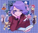  2girls 3boys aaron_(pokemon) alakazam bertha_(pokemon) black_shirt blue_eyes book bronzong chibi chibi_inset closed_mouth collared_shirt cynthia_(pokemon) eneko_(olavcnkrpucl16a) espeon flint_(pokemon) gallade glasses hand_up head_rest highres holding holding_book jacket looking_at_viewer mr._mime multiple_boys multiple_girls outline pokemon pokemon_(game) pokemon_dppt purple_hair red_jacket shirt smile will_(pokemon) 