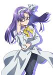  1girl asakura_rikako black-framed_eyewear black_pants buttons coat collared_shirt feet_out_of_frame glasses gyouza_(mhea5724) hairband highres lab_coat long_hair long_sleeves pants purple_eyes purple_hair purple_shirt shirt simple_background solo touhou touhou_(pc-98) white_background white_coat white_hairband 