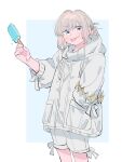  1boy blush border coat commentary drawstring english_commentary fate/grand_order fate_(series) food grey_eyes grey_hair hair_bun hand_in_pocket highres holding holding_food holding_popsicle hood hooded_coat looking_at_viewer male_focus oberon_(fate) oneroom-disco popsicle shorts solo tongue tongue_out white_border white_coat white_shorts 