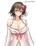  1girl azur_lane bare_shoulders blue_eyes breasts brown_hair commentary_request cosplay detached_sleeves flower hair_flower hair_ornament hiei_(azur_lane) hiei_(azur_lane)_(cosplay) hiei_(kancolle) hiei_(moonlit_cruise)_(azur_lane) kantai_collection large_breasts long_hair midriff navel one-hour_drawing_challenge rekka_yamato short_hair simple_background solo upper_body white_background 