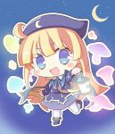  1girl blonde_hair blue_eyes blue_headwear blue_ribbon blue_shirt blue_shorts chibi crescent_moon eyelashes glowing_mushroom highres holding holding_lantern jazz_grace lantern long_hair looking_at_viewer madou_monogatari moon outline outstretched_arm pantyhose puyopuyo ribbon shirt shorts solo very_long_hair white_outline white_pantyhose witch_(puyopuyo) 