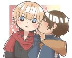  blonde_hair blue_eyes blush brown_hair chibi final_fantasy final_fantasy_xvi hetero joshua_rosfield jote_(ff16) kiss kissing_cheek red_scarf ruritea1 scarf short_hair surprise_kiss surprised tomboy 