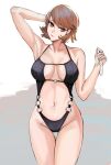  1girl absurdres arm_behind_head arm_up armpits black_one-piece_swimsuit breasts brown_eyes brown_hair choker_removed closed_mouth collar earrings groin head_tilt highres holding holding_collar jewelry looking_at_viewer medium_breasts navel nero_watch o-ring o-ring_swimsuit one-piece_swimsuit pearl_earrings persona persona_3 short_hair solo stomach swimsuit takeba_yukari thigh_gap thighs 