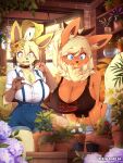  ! 2girls ahoge alternate_color animal_ear_fluff animal_ears artist_name bare_arms bare_shoulders blonde_hair blue_eyes body_fur breasts breathing_fire cleavage day denim denim_shorts embers english_commentary fire flareon flower flower_shop furrification furrowed_brow furry furry_female green_fur hair_between_eyes hair_flower hair_ornament hands_up high_ponytail highres huge_breasts indoors leafeon leaning_forward long_hair looking_at_another looking_at_flowers looking_at_object midriff multiple_girls nervous open_mouth personification pocket pokemon pokemon_(creature) pokemon_(game) red_fur shiny_pokemon shirt shop short_hair short_shorts short_sleeves shorts smile standing stomach suspender_shorts suspenders swept_bangs tail tank_top teranen two-tone_fur white_shirt window yellow_eyes yellow_fur 
