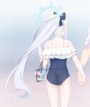  1boy 1girl alternate_costume alternate_hairstyle ass bag bikini blue_archive commentary_request frilled_bikini frills grey_hair hair_ornament halo highres holding_hands hoshino_ouka long_hair miyako_(blue_archive) ponytail sensei_(blue_archive) simple_background solo_focus swimsuit 