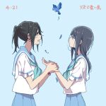  2girls black_hair blue_background blue_eyes blue_neckerchief blue_skirt dated falling_feathers hibike!_euphonium holding_hands kasaki_nozomi kitauji_high_school_uniform liz_to_aoi_tori looking_up multiple_girls neckerchief ree_(re-19) school_uniform shirt short_sleeves skirt white_shirt yoroizuka_mizore 