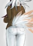  1girl alternate_costume ass bird_tail brown_shirt casual facing_away from_behind head_out_of_frame japanese_crested_ibis_(kemono_friends) kemono_friends long_hair long_sleeves nape pants pantylines pocket shirt sketch solo tail tail_feathers tight_clothes tight_pants white_hair white_pants witchmakers36 