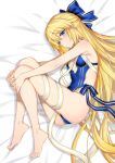  artoria_caster_(fate) artoria_caster_(swimsuit)_(fate) artoria_caster_(third_ascension)_(fate) artoria_pendragon_(fate) bare_arms bare_legs bare_shoulders barefoot blonde_hair blue_bow blue_one-piece_swimsuit blue_ribbon bow commentary_request fate/grand_order fate_(series) green_eyes long_hair lying multicolored_ribbon namonashi on_side one-piece_swimsuit ribbon simple_background swimsuit very_long_hair 