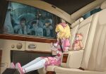  1boy 1girl absurdres blonde_hair car_interior cup dress highres holding holding_cup idolmaster idolmaster_cinderella_girls idolmaster_cinderella_girls_u149 lolita_fashion looking_at_another people pink_dress producer_(idolmaster) producer_(idolmaster_cinderella_girls_u149) sakurai_momoka saucer sawkm seatbelt socks solo_focus stuffed_animal stuffed_toy sweet_lolita teacup teddy_bear white_socks 