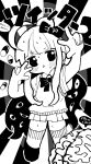  1girl :o ahoge artist_request blunt_bangs blush bow bowtie brain collared_shirt double_v full_body greyscale hair_bow hair_bun hands_up highres long_hair looking_at_viewer monochrome nyalra_(author) original pill pleated_skirt second-party_source shirt shoes short_sleeves single_hair_bun skirt socks solo speech_bubble standing sweatdrop translation_request v very_long_hair vest 