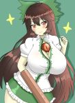  1girl arm_cannon bow breasts brown_hair cleavage closed_mouth collared_shirt commentary cowboy_shot frilled_skirt frills green_background green_bow green_skirt hair_bow highres huge_breasts long_hair looking_at_viewer one-hour_drawing_challenge red_eyes reiuji_utsuho shirokumall shirt short_sleeves simple_background skirt smile solo star_(symbol) third_eye touhou weapon white_shirt 