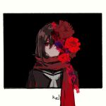  1girl ambiguous_red_liquid black_background black_sailor_collar black_serafuku brown_hair commentary dark_background english_text enpera expressionless flower framed hair_between_eyes kagerou_project looking_at_viewer neckerchief no_mouth no_nose one_eye_covered portrait red_eyes red_flower red_scarf sailor_collar scarf school_uniform serafuku simple_background single_stripe solo straight-on tateyama_ayano two-tone_background white_background white_neckerchief white_stripes z_aqnn 