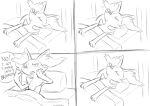  2023 3_fingers ambiguous_gender anthro biped braixen comic dialogue english_text fingers generation_6_pokemon hi_res inner_ear_fluff monochrome narrowed_eyes nintendo open_mouth pokemon pokemon_(species) sealer4258 sketch sleeping solo speech_bubble text tuft under_covers waking_up 