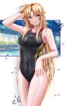  1girl bare_arms black_one-piece_swimsuit blonde_hair breasts closed_mouth competition_swimsuit covered_navel fate_testarossa hand_in_own_hair highres large_breasts long_hair looking_at_viewer lyrical_nanoha mahou_shoujo_lyrical_nanoha_strikers one-piece_swimsuit red_eyes smile solo sougetsu_izuki standing straight_hair swimsuit very_long_hair wet wet_hair 