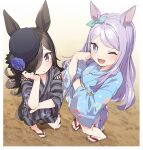  2girls :o ;d absurdres animal_ears black_hair black_headwear blue_flower blue_kimono blue_rose brown_footwear commentary_request flower from_above grey_kimono grey_shorts hair_over_one_eye hat hat_flower highres horse_ears horse_girl horse_tail japanese_clothes kimono long_hair long_sleeves looking_at_viewer looking_up mejiro_mcqueen_(umamusume) multiple_girls obi one_eye_closed parted_lips purple_eyes purple_hair rice_shower_(umamusume) rose sash shorts smile standing striped striped_kimono striped_shorts swept_bangs tail tilted_headwear umamusume vertical-striped_kimono vertical-striped_shorts vertical_stripes very_long_hair wide_sleeves yukie_(kusaka_shi) zouri 